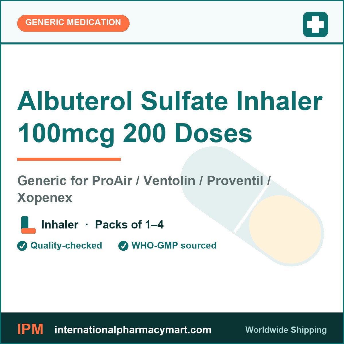 Albuterol Sulfate Inhaler 100mcg 200 Doses - generic ProAir / Ventolin / Proventil / Xopenex | International Pharmacy Mart