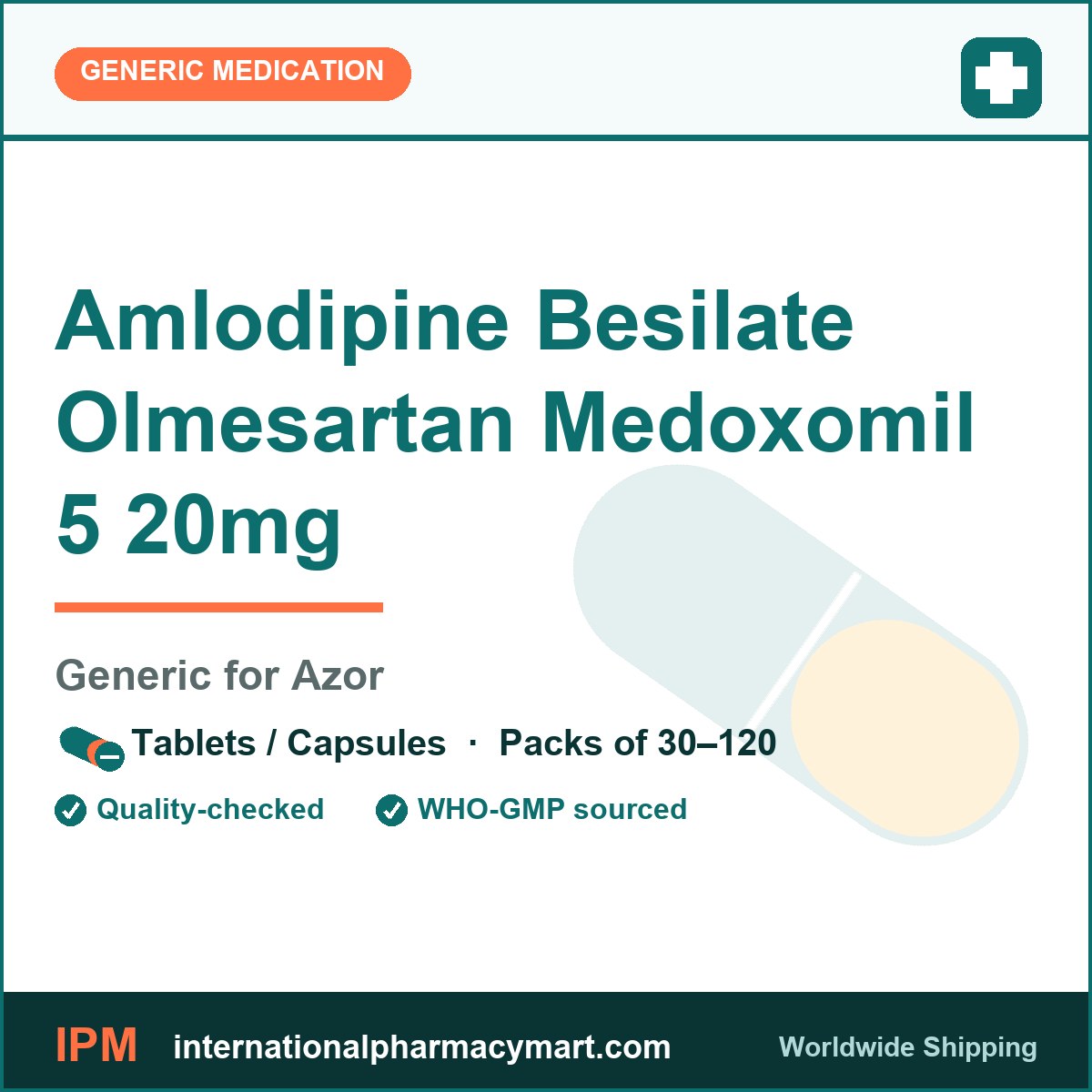 Amlodipine Besilate Olmesartan Medoxomil 5 20mg - generic Azor | International Pharmacy Mart