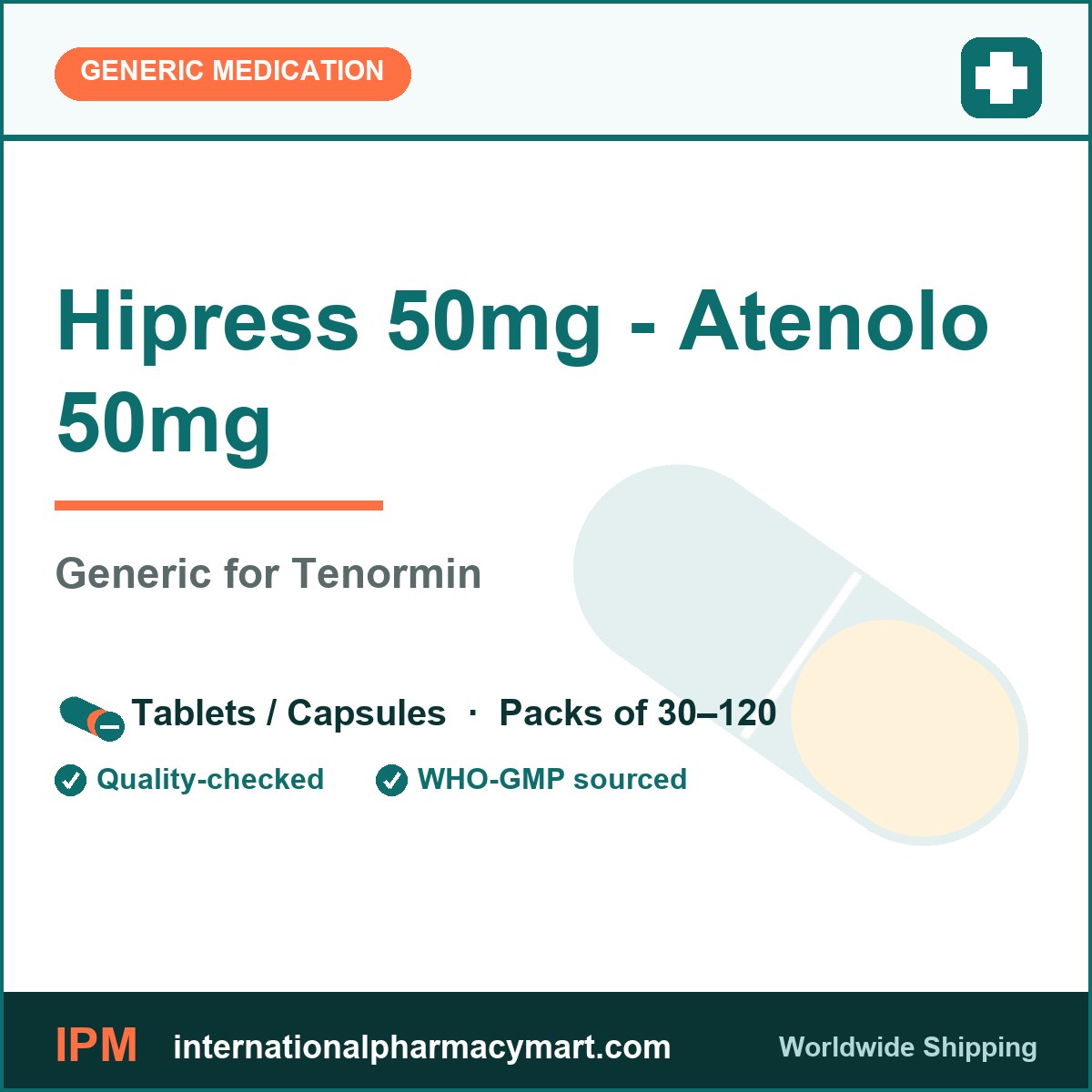 Hipress 50mg - Atenolo 50mg - generic Tenormin | International Pharmacy Mart
