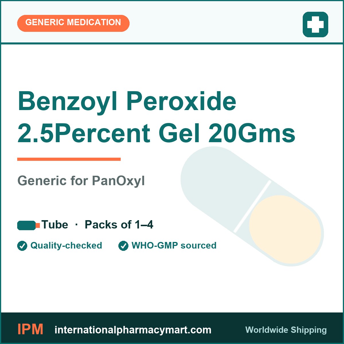 Benzoyl Peroxide 2.5Percent Gel 20Gms - generic PanOxyl | International Pharmacy Mart