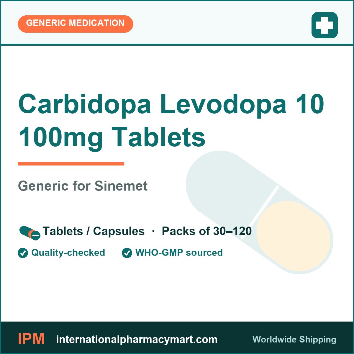 Carbidopa Levodopa 10 100mg Tablets - generic Sinemet | International Pharmacy Mart