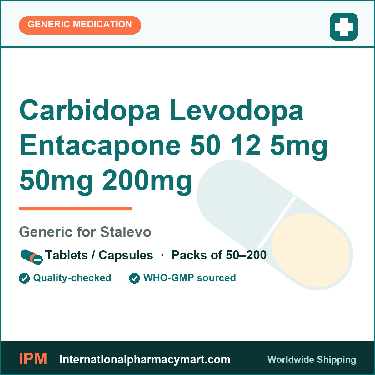 Carbidopa Levodopa Entacapone 50 12 5mg 50mg 200mg - generic Stalevo | International Pharmacy Mart
