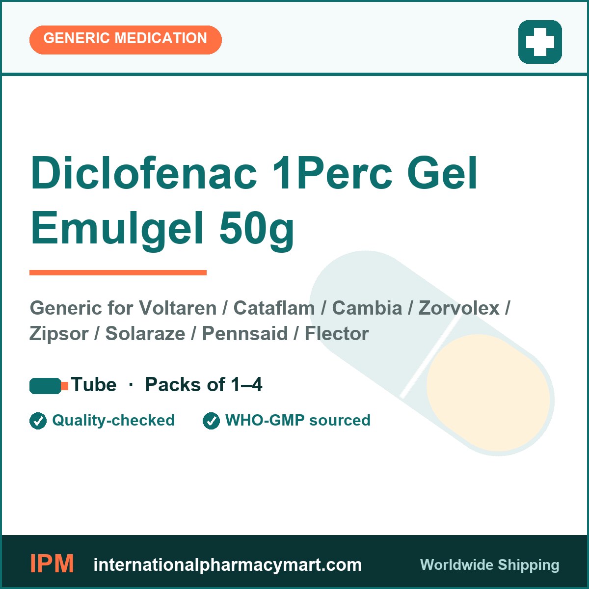 Diclofenac 1Perc Gel Emulgel 50g - generic Voltaren / Cataflam / Cambia / Zorvolex / Zipsor / Solaraze / Pennsaid / Flector | International Pharmacy Mart