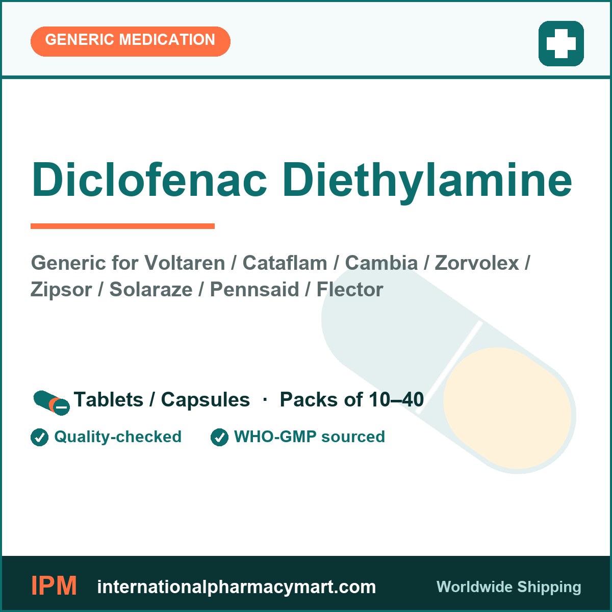 Diclofenac Diethylamine - generic Voltaren / Cataflam / Cambia / Zorvolex / Zipsor / Solaraze / Pennsaid / Flector | International Pharmacy Mart