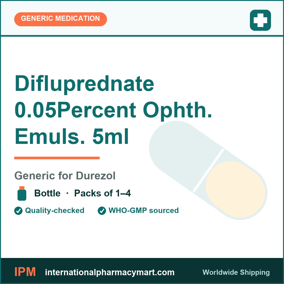 Difluprednate 0.05Percent Ophth. Emuls. 5ml - generic Durezol | International Pharmacy Mart
