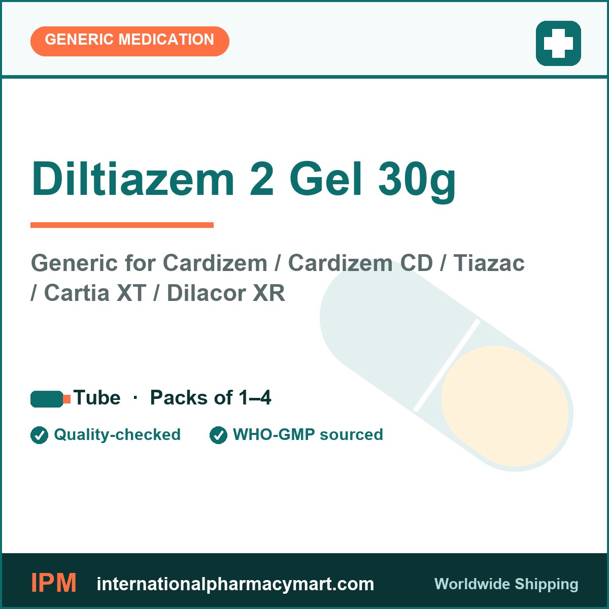Diltiazem 2 Gel 30g - generic Cardizem / Cardizem CD / Tiazac / Cartia XT / Dilacor XR | International Pharmacy Mart
