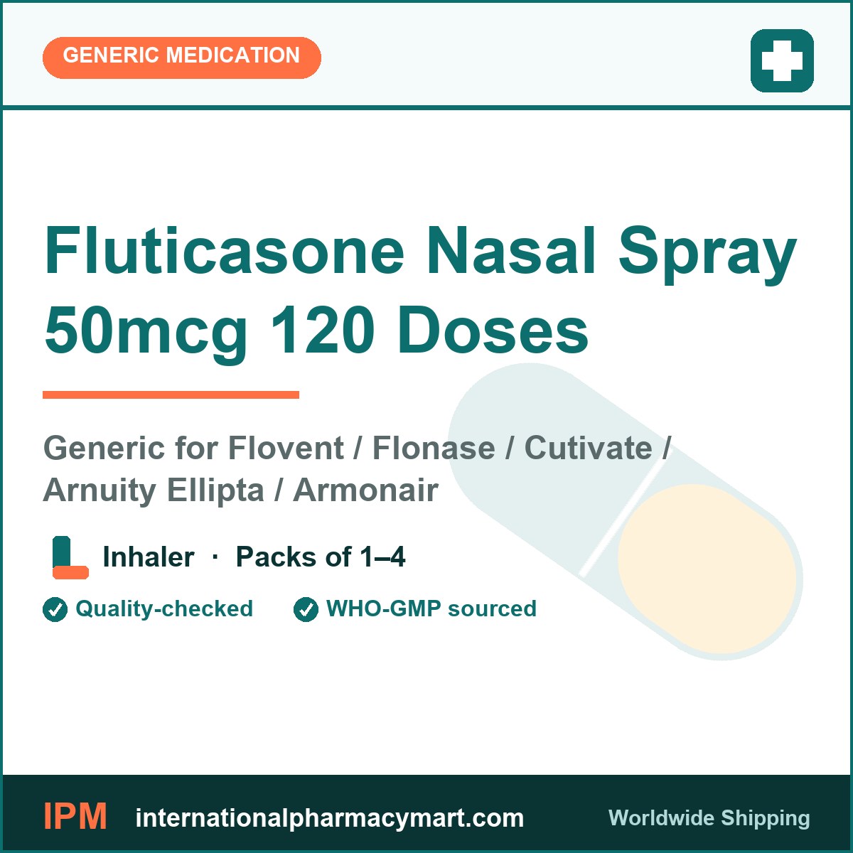 Fluticasone Nasal Spray 50mcg 120 Doses - generic Flovent / Flonase / Cutivate / Arnuity Ellipta / Armonair | International Pharmacy Mart