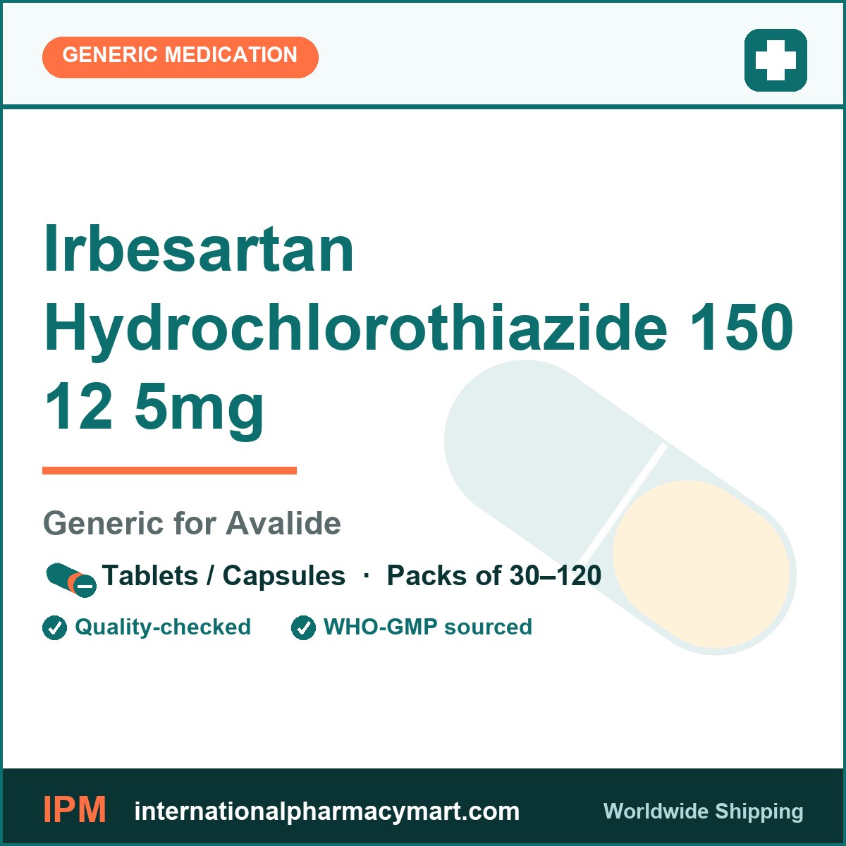 Irbesartan Hydrochlorothiazide 150 12 5mg - generic Avalide | International Pharmacy Mart