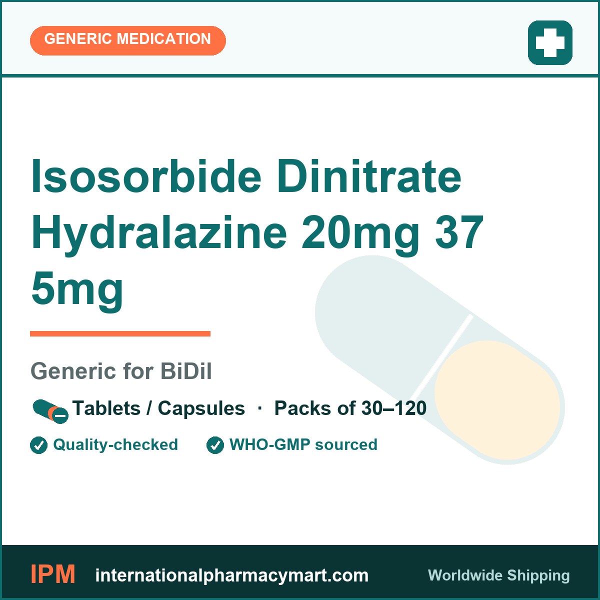 Isosorbide Dinitrate Hydralazine 20mg 37 5mg - generic BiDil | International Pharmacy Mart