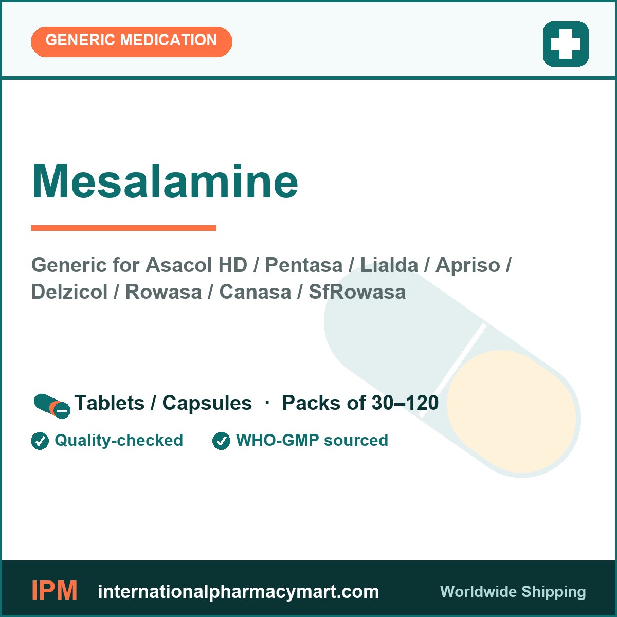 Mesalamine - generic Asacol HD / Pentasa / Lialda / Apriso / Delzicol / Rowasa / Canasa / SfRowasa | International Pharmacy Mart