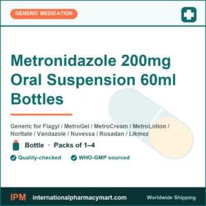 Metronidazole 200mg Oral Suspension 60ml Bottles - generic Flagyl / MetroGel / MetroCream / MetroLotion / Noritate / Vandazole / Nuvessa / Rosadan / Likmez | International Pharmacy Mart