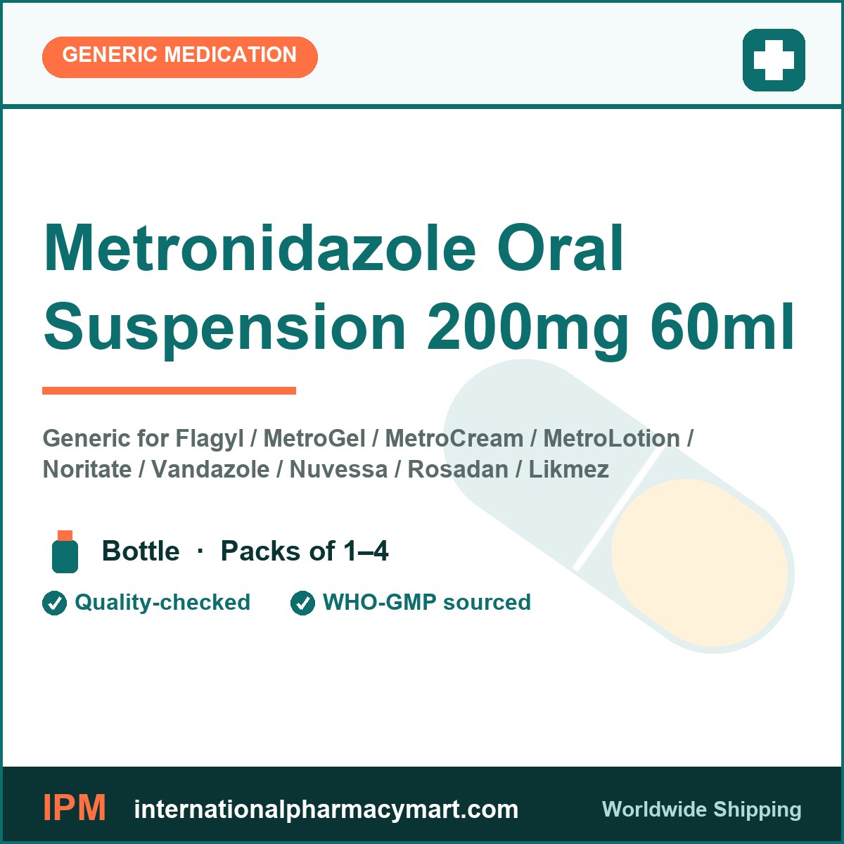 Metronidazole Oral Suspension 200mg 60ml - generic Flagyl / MetroGel / MetroCream / MetroLotion / Noritate / Vandazole / Nuvessa / Rosadan / Likmez | International Pharmacy Mart