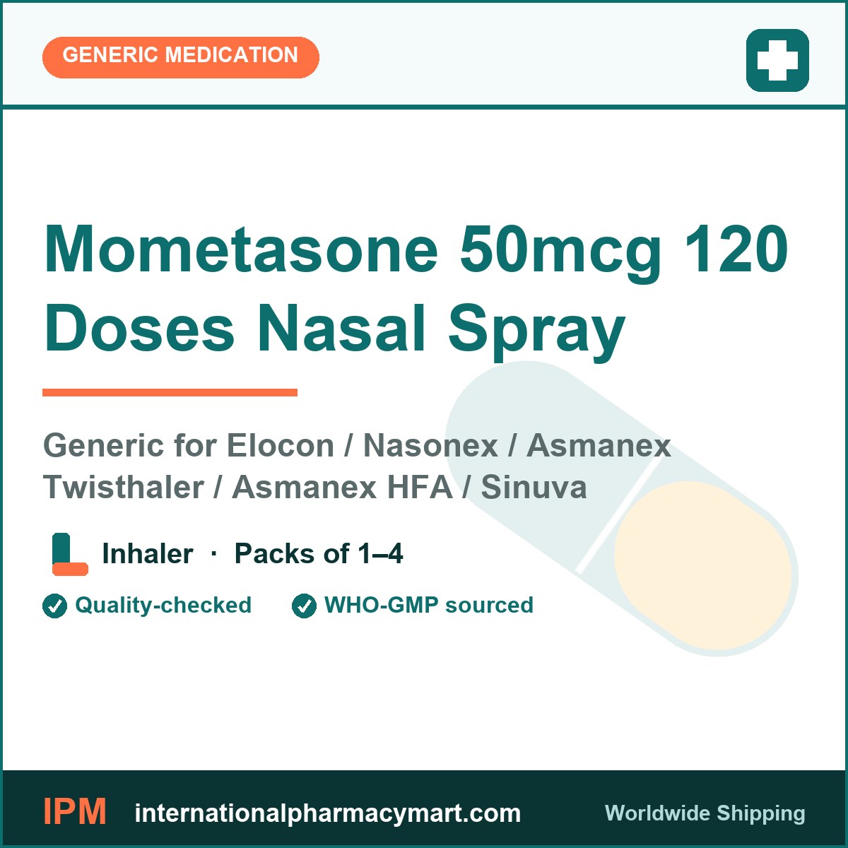 Mometasone 50mcg 120 Doses Nasal Spray - generic Elocon / Nasonex / Asmanex Twisthaler / Asmanex HFA / Sinuva | International Pharmacy Mart
