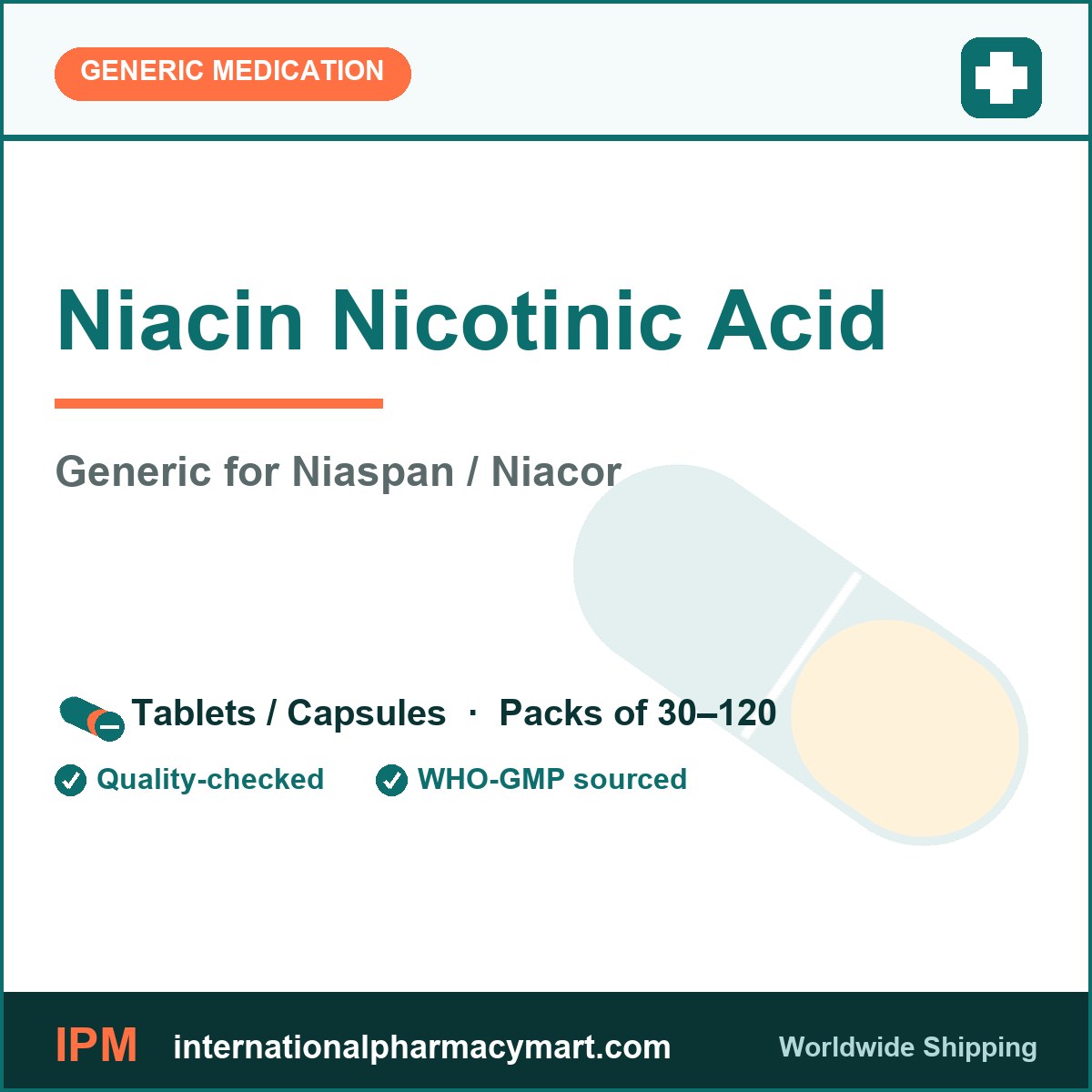Niacin Nicotinic Acid - generic Niaspan / Niacor | International Pharmacy Mart