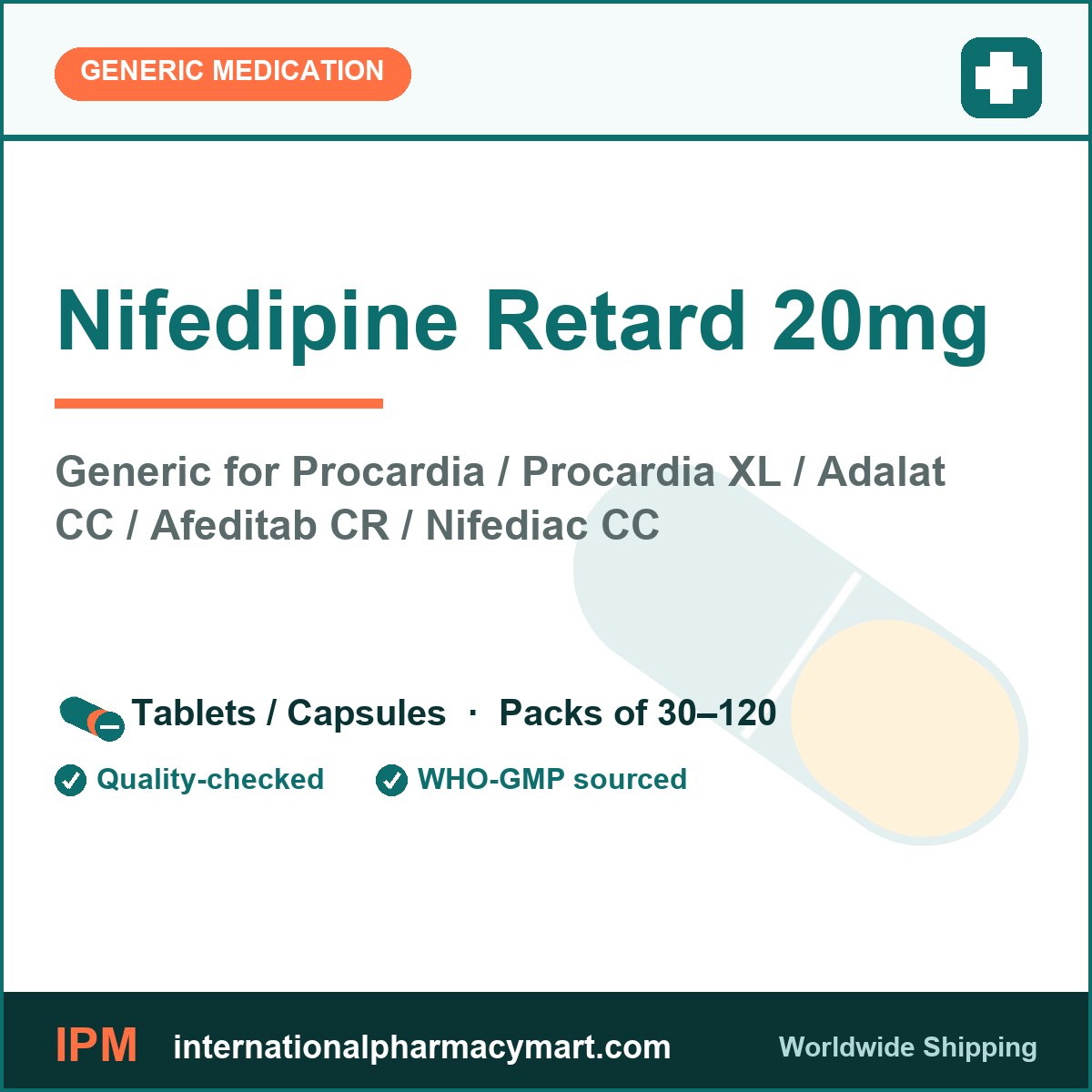 Nifedipine Retard 20mg - generic Procardia / Procardia XL / Adalat CC / Afeditab CR / Nifediac CC | International Pharmacy Mart