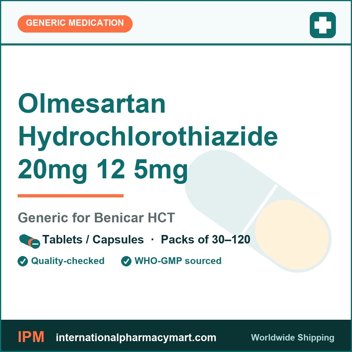 Olmesartan Hydrochlorothiazide 20mg 12 5mg - generic Benicar HCT | International Pharmacy Mart