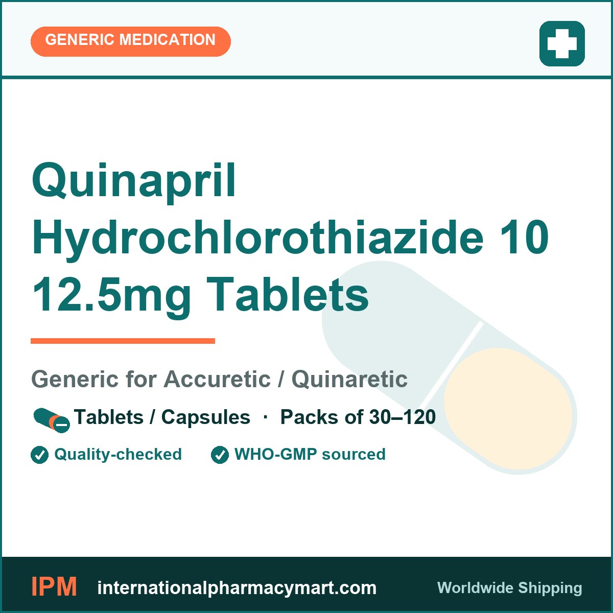 Quinapril Hydrochlorothiazide 10 12.5mg Tablets - generic Accuretic / Quinaretic | International Pharmacy Mart