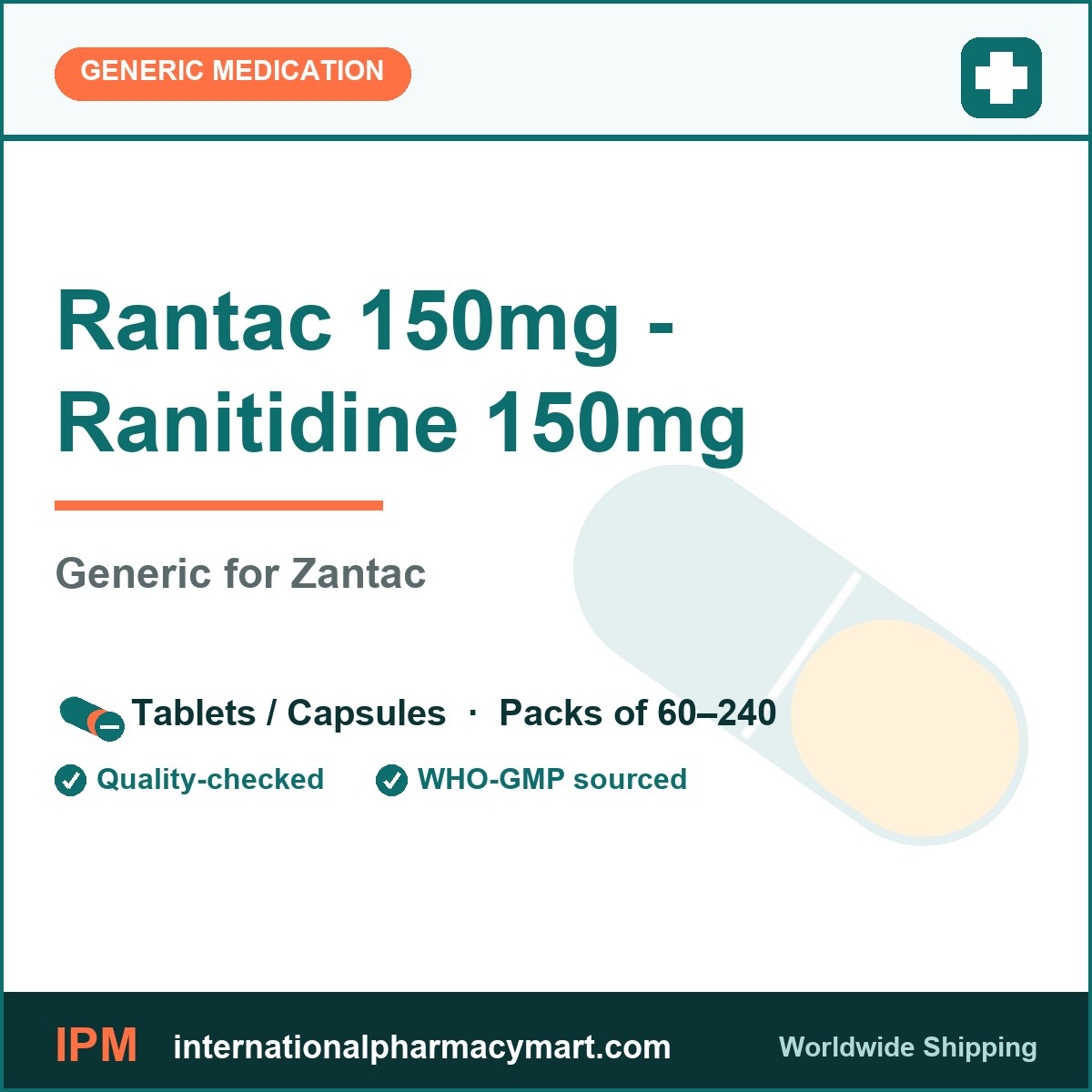 Rantac 150mg - Ranitidine 150mg - generic Zantac | International Pharmacy Mart