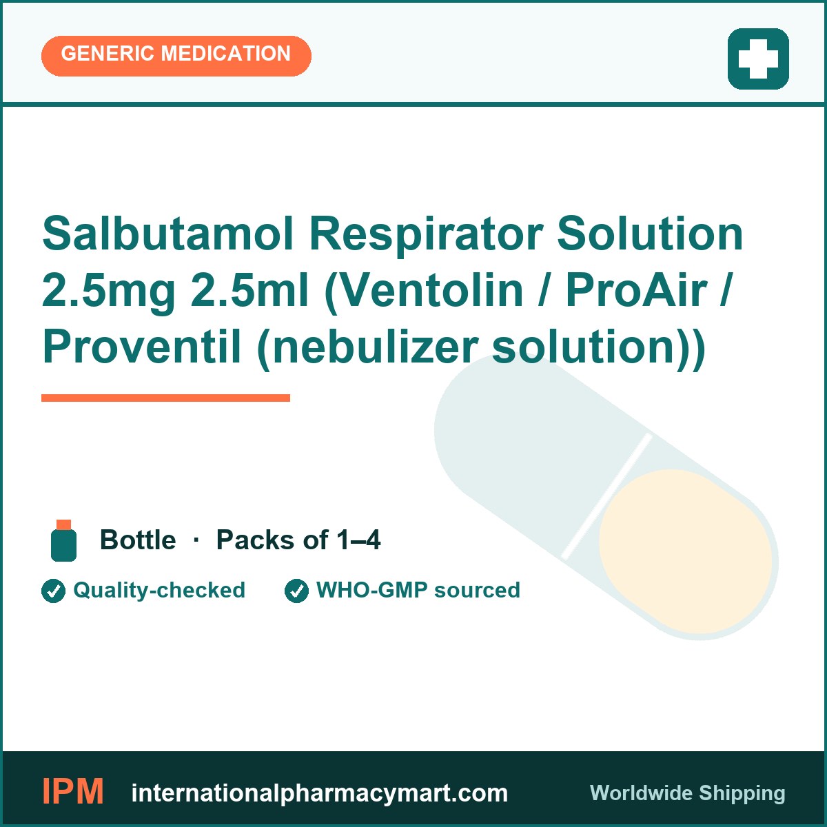 Salbutamol Respirator Solution 2.5mg 2.5ml (Ventolin / ProAir / Proventil (nebulizer solution)) | International Pharmacy Mart