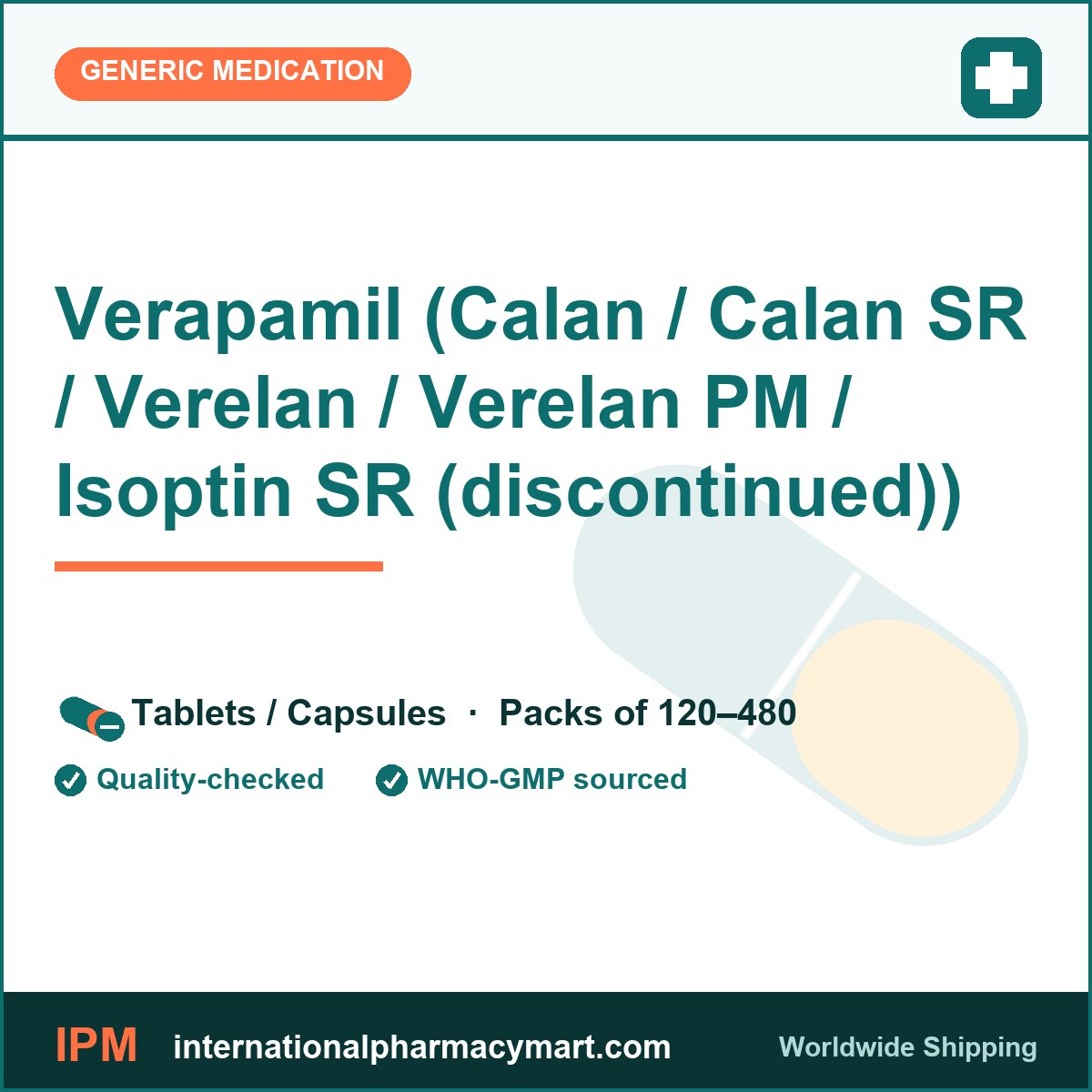 Verapamil (Calan / Calan SR / Verelan / Verelan PM / Isoptin SR (discontinued)) | International Pharmacy Mart