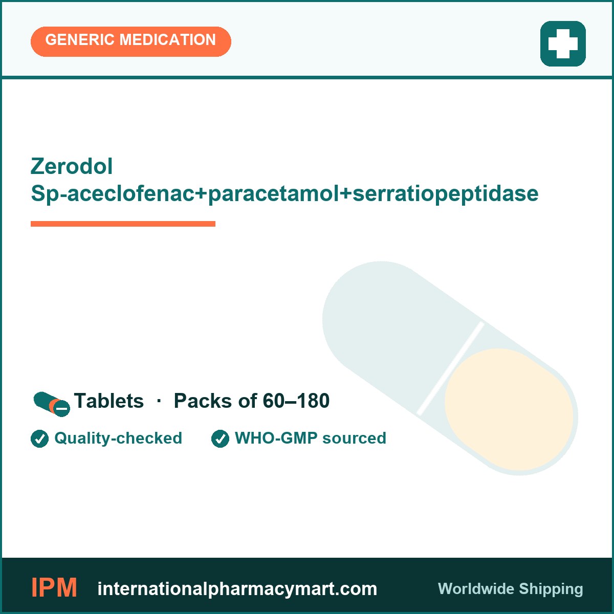 Zerodol SP aceclofenac, acetaminophen (paracetamol) and serratiopeptidase tablets - International Pharmacy Mart